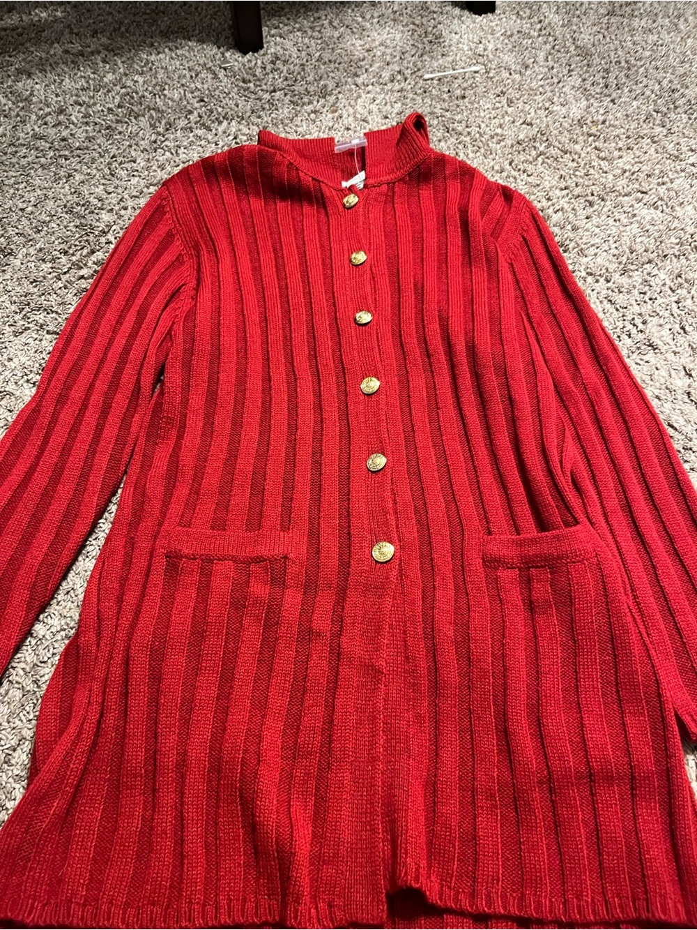Classic Elements Red Ribbed Long Cardigan with Gold Buttons